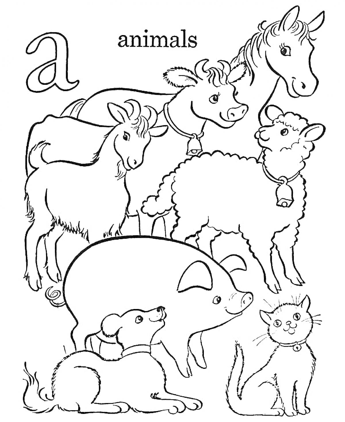 На раскраске изображено: Домашние животные, Козел, Корова, Лошадь, Собака, Кот, Овечки, Свиньи