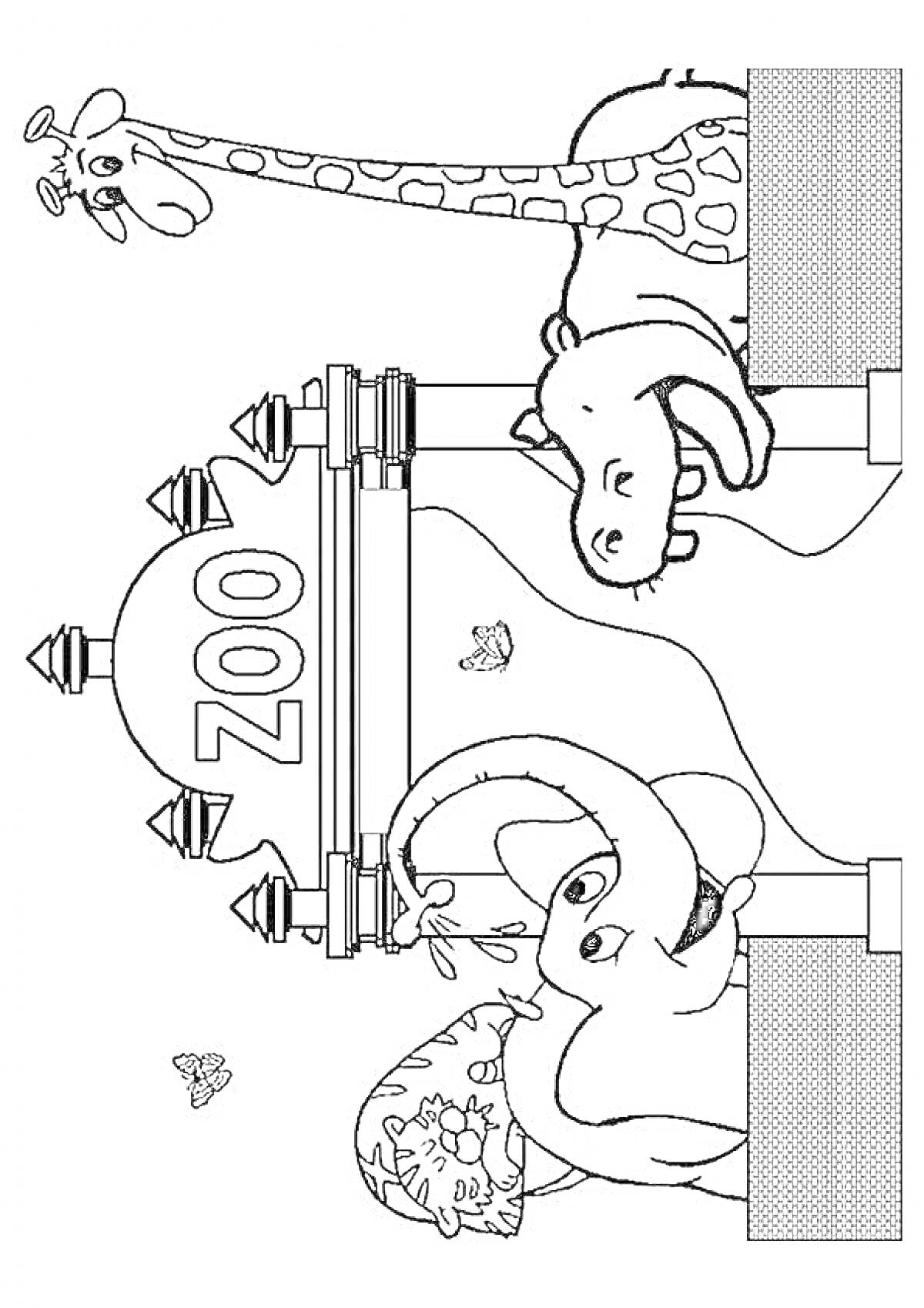 Раскраска Вход в зоопарк с жирафом, бегемотом, слоном и львом
