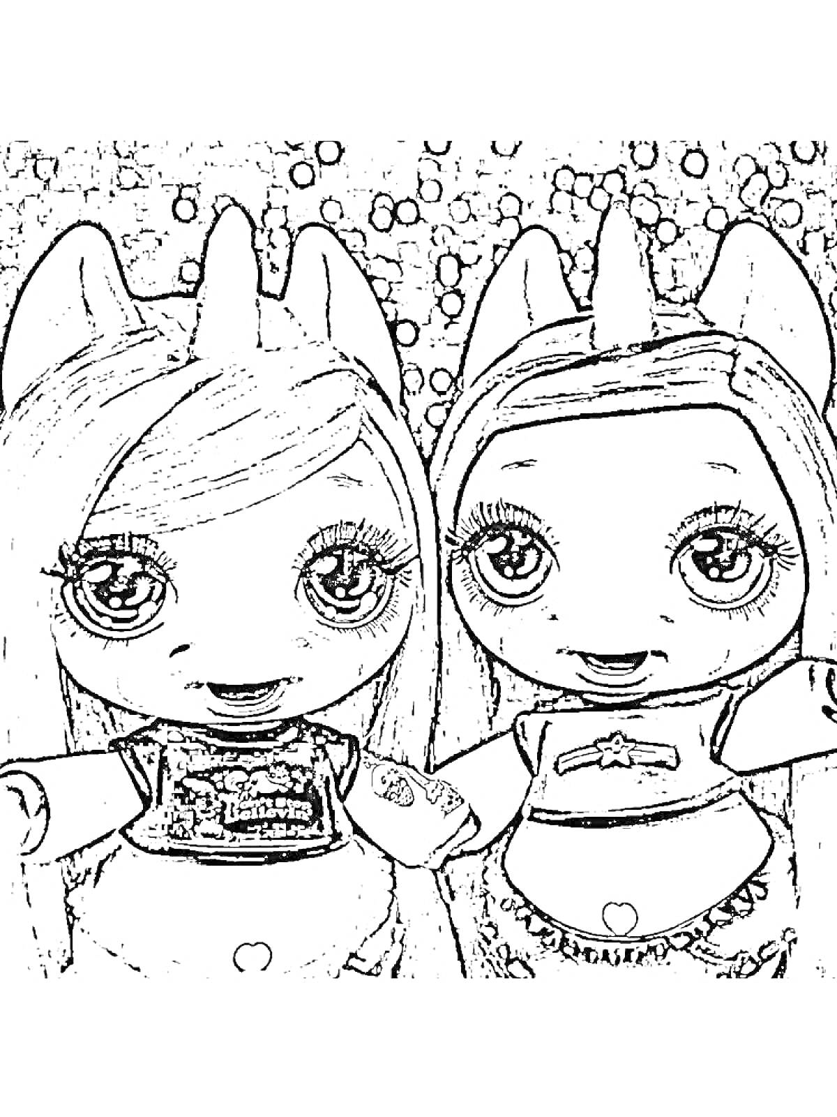 Раскраска Две куклы Пупси Слайм с хвостиками и большими глазами, стоящие рядом