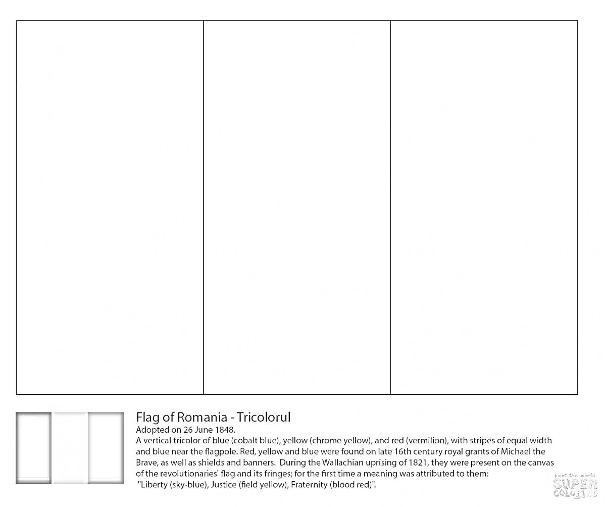 Раскраска Флаг Румынии - Триколорул, вертикальные полосы синий-желтый-красный, текст с информацией о флаге внизу
