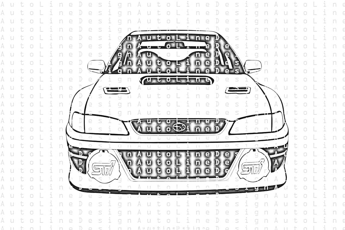 На раскраске изображено: Subaru, Тюнинг, Спорткар, Фары, Воздухозаборник, Бампер