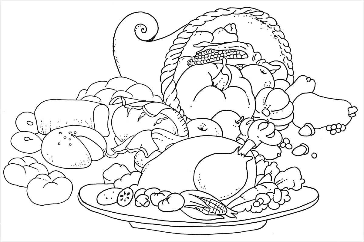 Раскраска Праздничная корзина с овощами, фруктами, хлебом и курицей