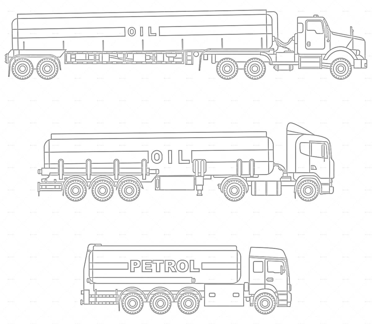 Раскраска Три грузовика-цистерны для перевозки нефти и бензина