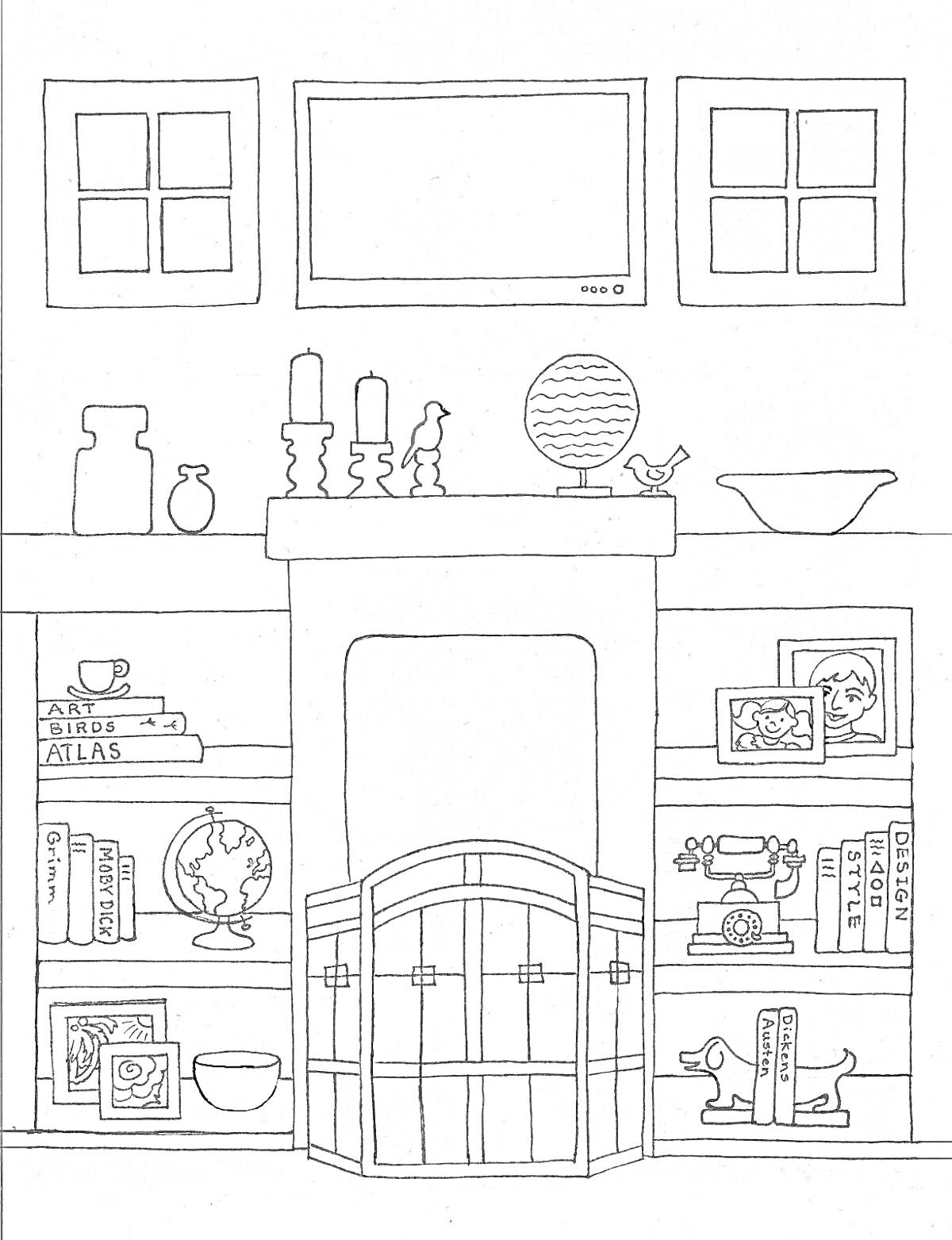 На раскраске изображено: Камин, Телевизор, Окна, Свечи, Глобус, Телефон