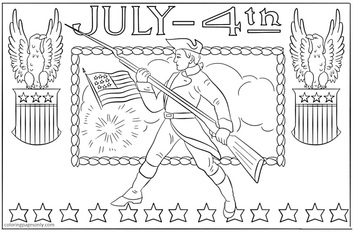 Раскраска День Независимости США - солдат с флагом, надпись July 4th, орел, щиты с полосами, звезды, облака, фейерверк