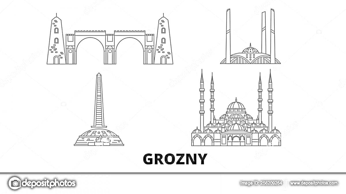 На раскраске изображено: Грозный, Архитектура, Ворота, Монумент, Мечеть, Колонны, Здания, Достопримечательности
