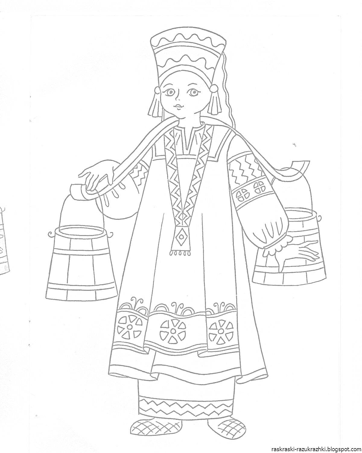 Раскраска Девушка в русском народном костюме с коромыслом и ведрами