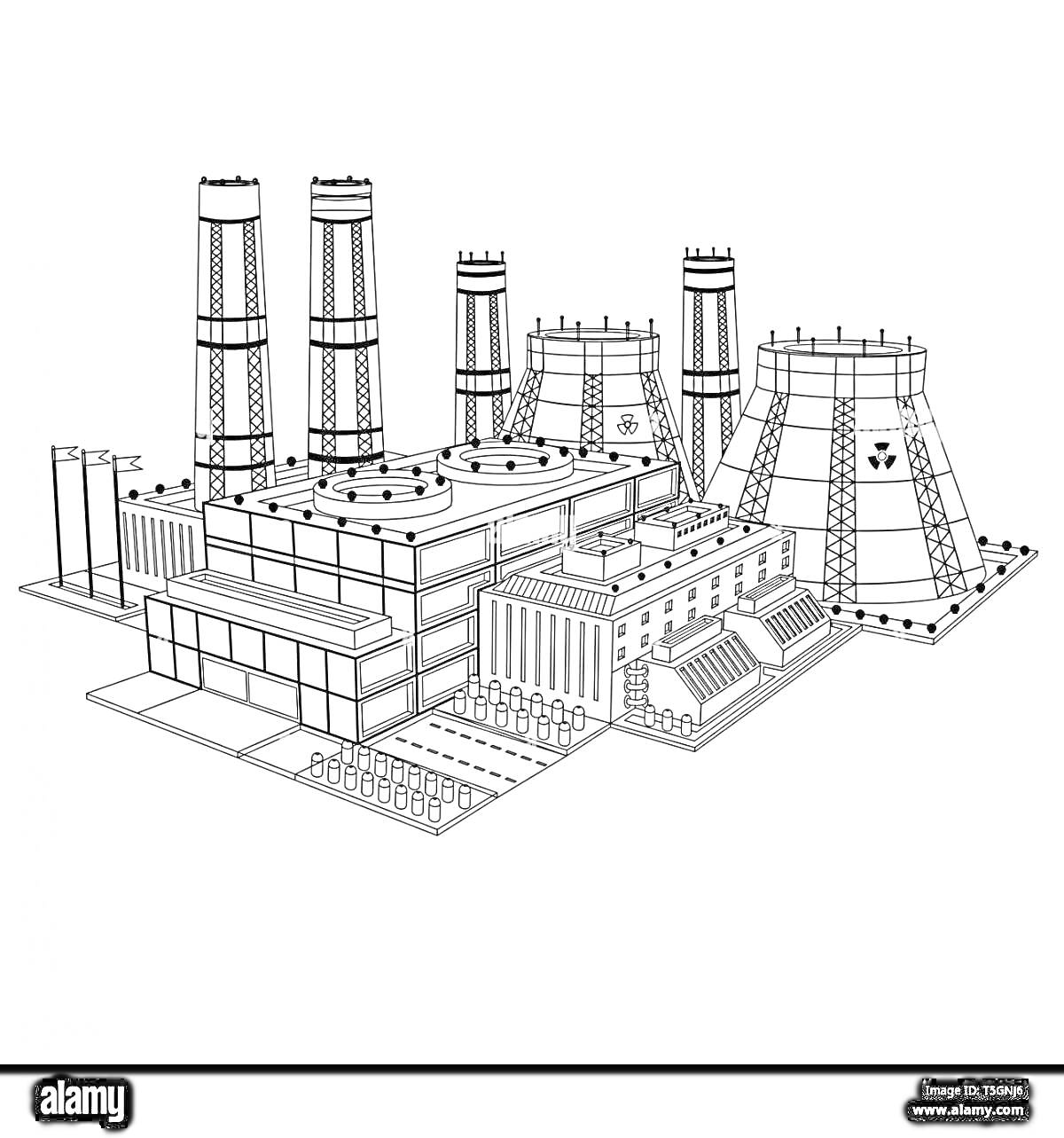 Раскраска Атомная электростанция с трубами, реакторами и зданиями