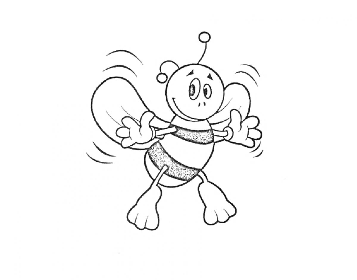 Раскраска Пчела с крыльями и антеннами, машущая лапками