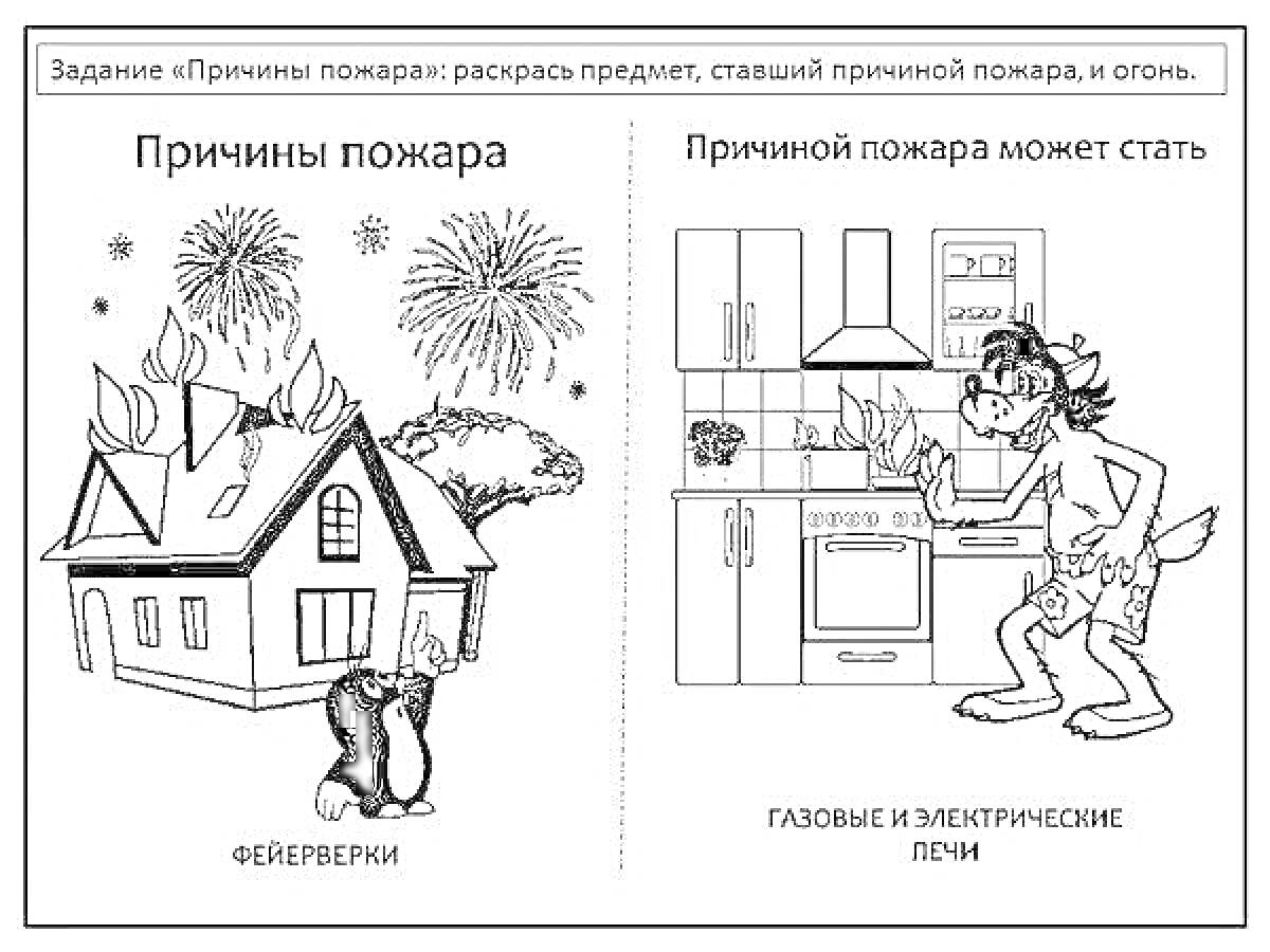 Раскраска Причины пожара: дом, фейерверки, животное; Причиной пожара может стать: кухня, газовая плита, электрическая плита, человек