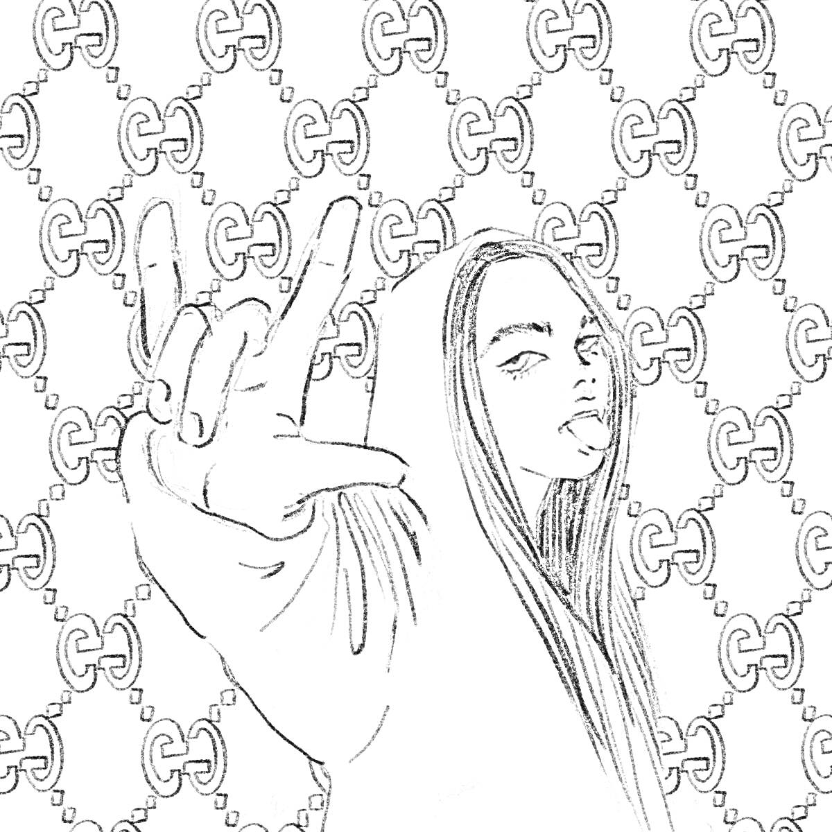 Раскраска Девушка с вытянутой рукой на фоне узора с логотипами
