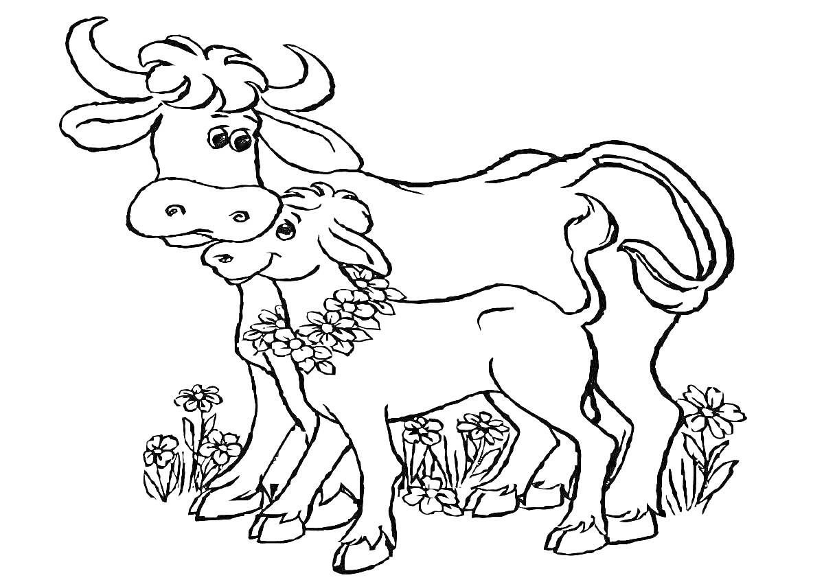 Корова и теленок на фоне цветов