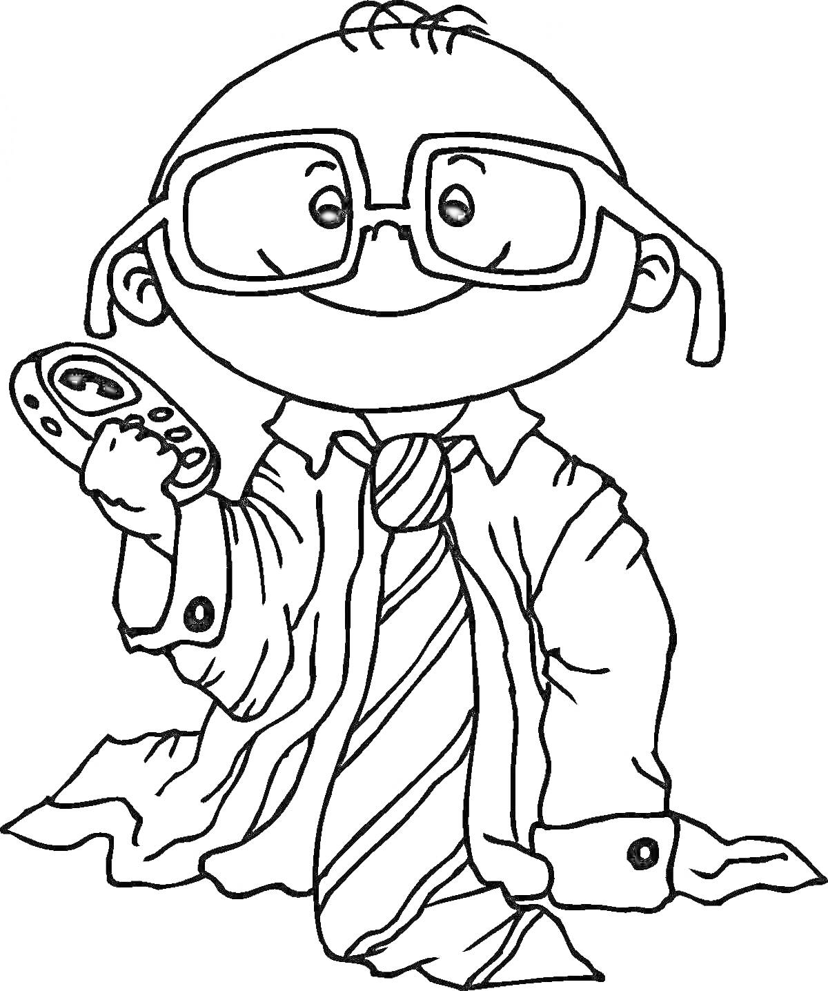 Раскраска мальчик в очках с пультом управления и галстуке
