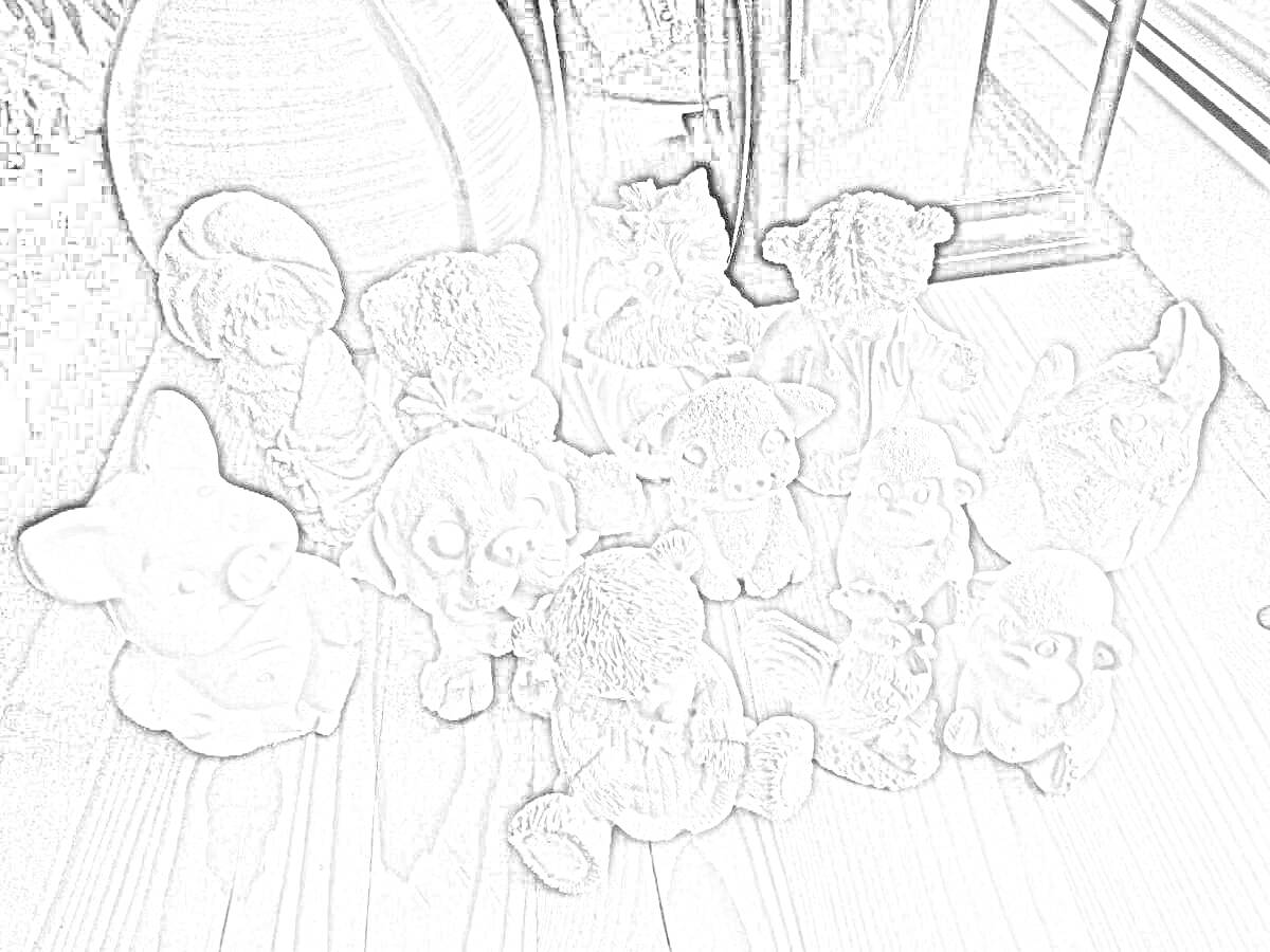 Раскраска Гипсовые фигурки: свинья, медведь, медведь с бантом, два медведя в шапочках, две кошки, собака с высунутым языком, сидящая собака, заяц, сова, слон, сидящий медведь