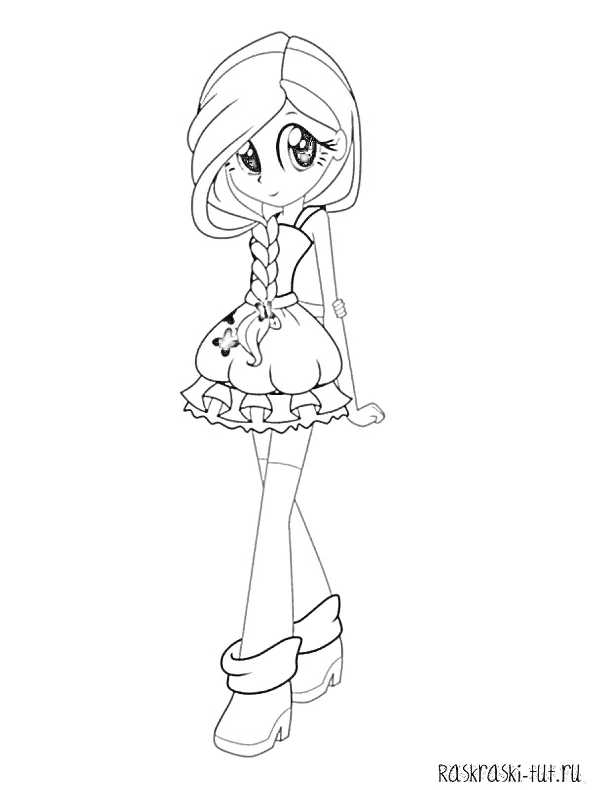 На раскраске изображено: Длинные волосы, Платье, Сапоги, Большие глаза