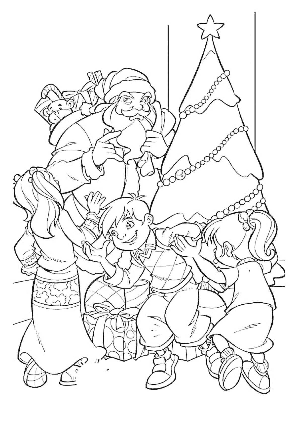 На раскраске изображено: Хоровод, Дед Мороз, Подарки, Новый год, Гирлянда, Праздничное украшение