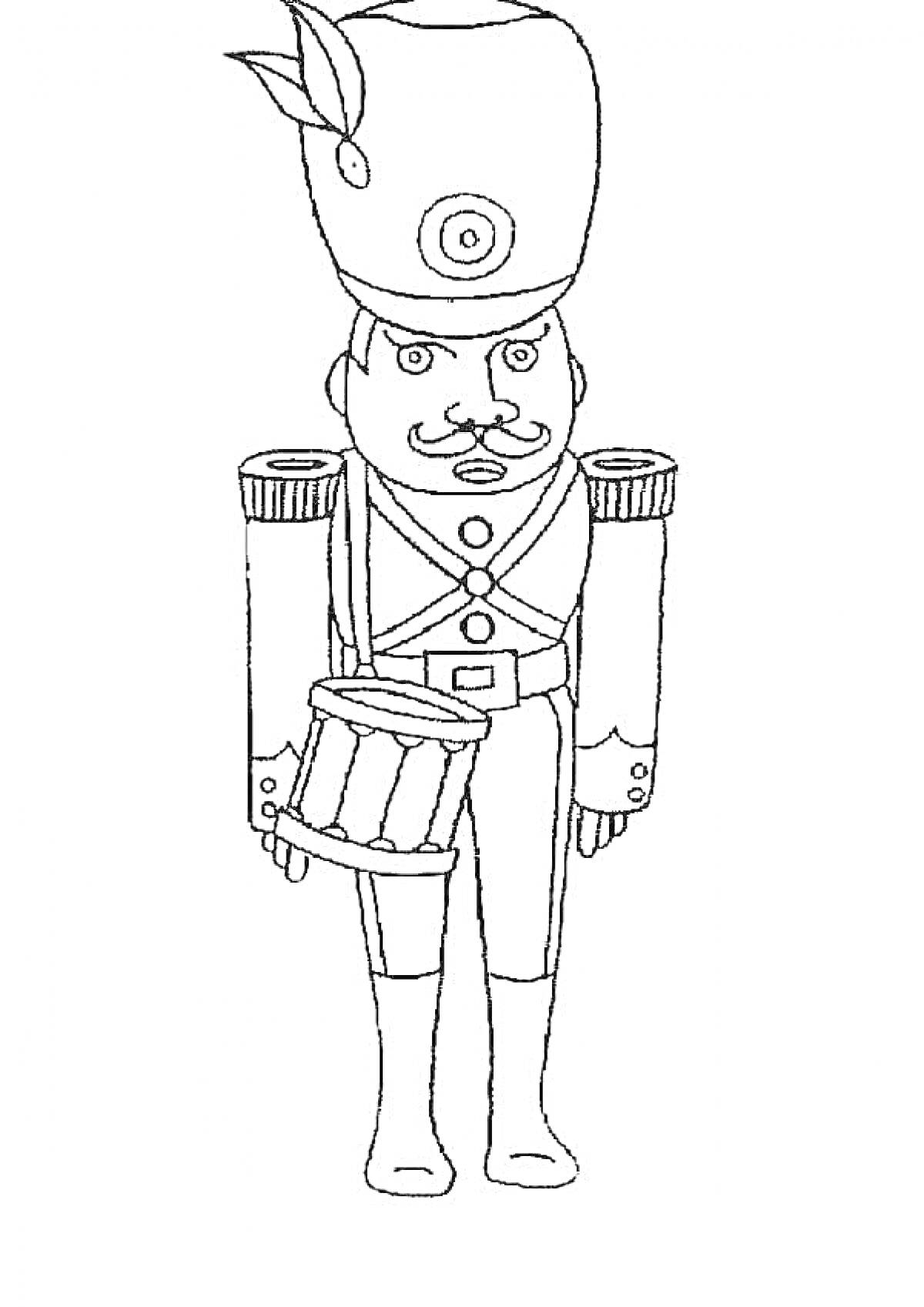 Раскраска Барабанщик-солдатик с высокой шляпой и пером, усы, эполетами и барабаном