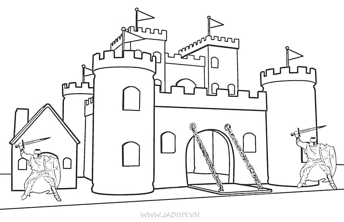 На раскраске изображено: Замок, Средневековье, Ворота, Рыцари, Башни, Крепость, Флаг, Меч, Стена