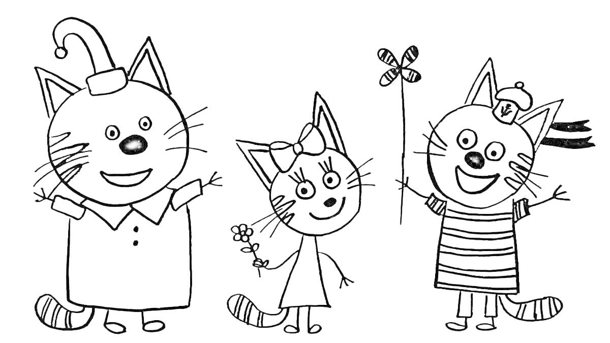 На раскраске изображено: Кот, Шляпа, Бант, Цветы, Полосатая футболка