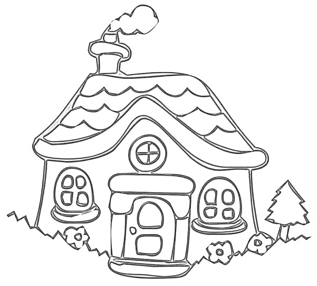 Раскраска Волшебный домик с трубой, круглыми окнами, цветами и деревом