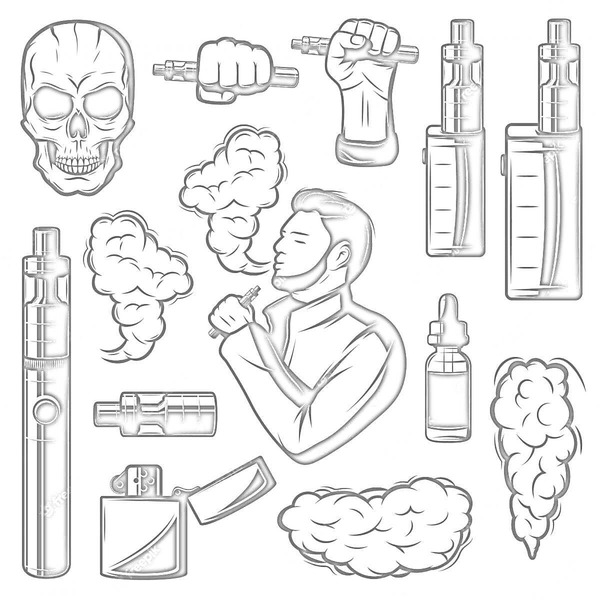 Черно-белая раскраска с вейпом, включающая череп, дым, ликерный флакон, зиппо зажигалку, образы рук с вейпами и человека, курящего вейп