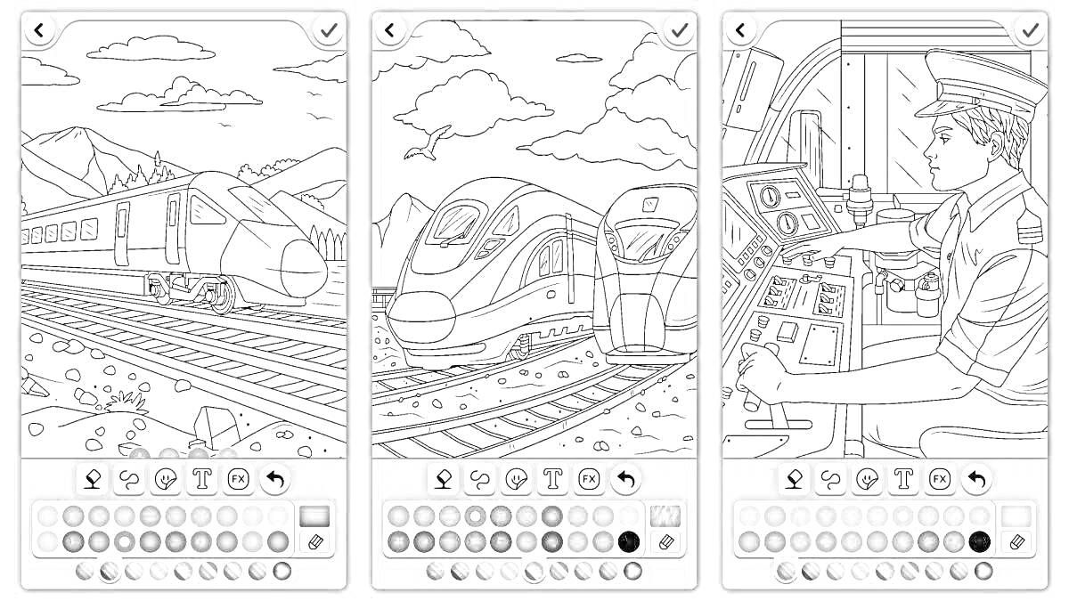 Раскраска Поезд в горах, два поезда на железной дороге, машинист в кабине поезда