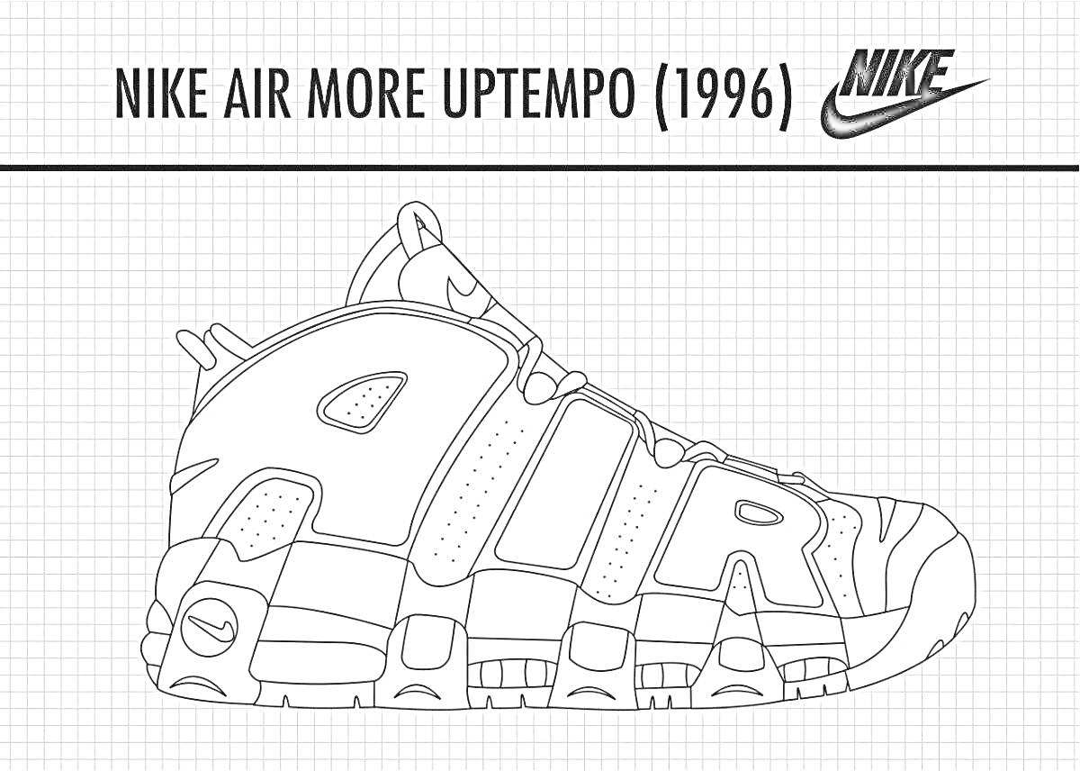 Раскраска с кроссовками Nike Air More Uptempo 1996 на сеточном фоне, надпись в верхней части 