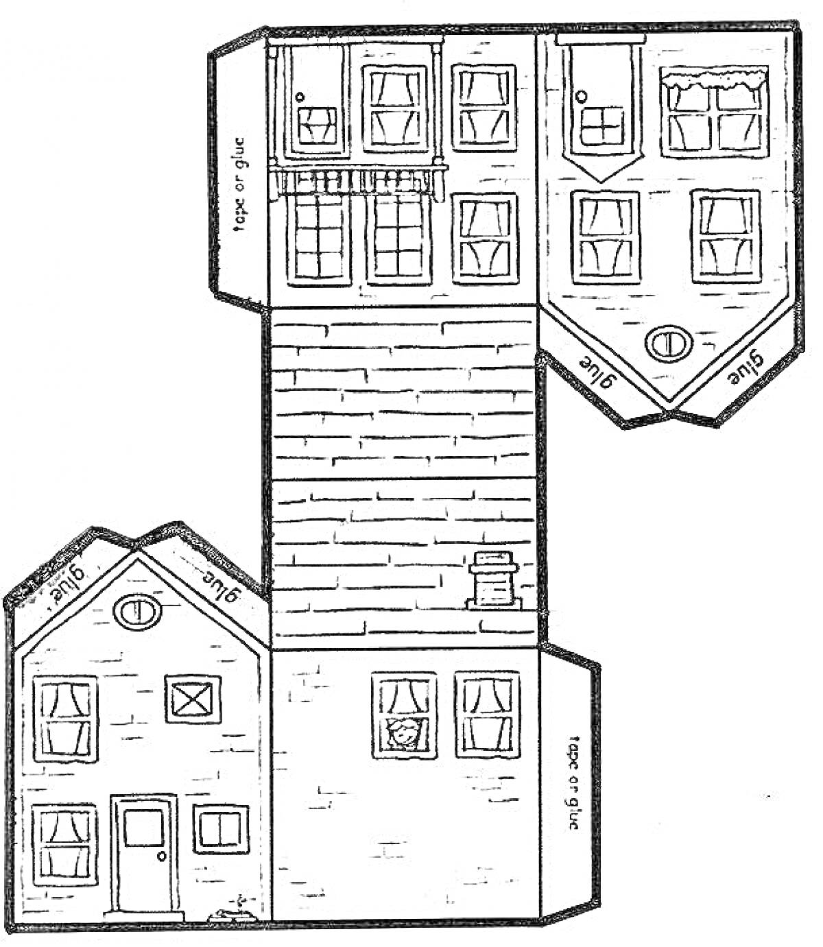 Раскраска Бумажный дом с окошками, дверьми и трубой