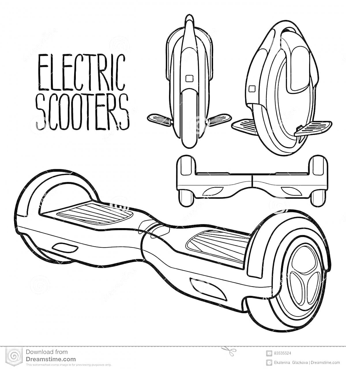 Раскраска Гироскутер с различными видами и надписью 