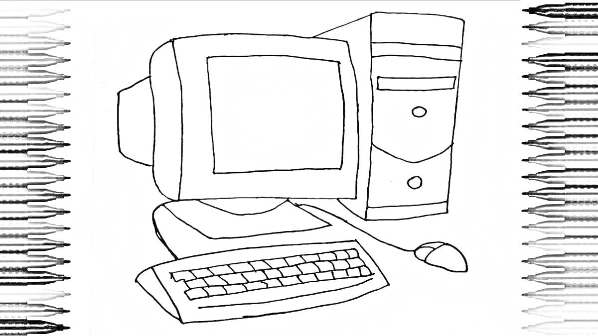 На раскраске изображено: Компьютер, Монитор, Системный блок, Клавиатура, Для детей, Краски, 5 лет, Мышь