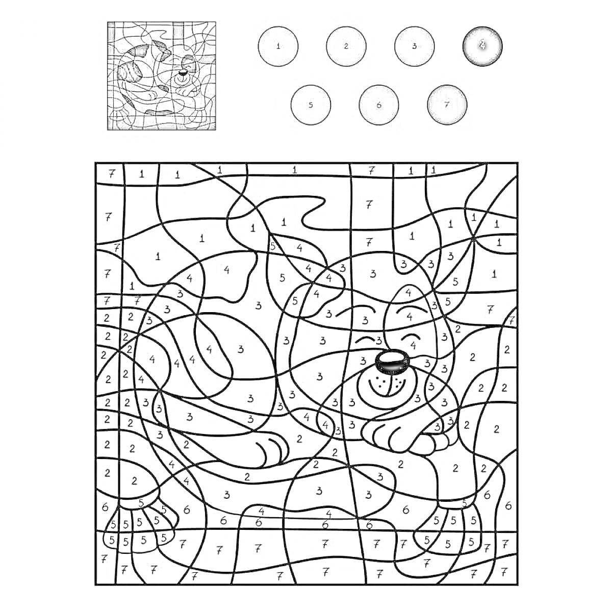Раскраска Кошка, раскраска по цифрам, закрученные линии с номерными областями, море, небо