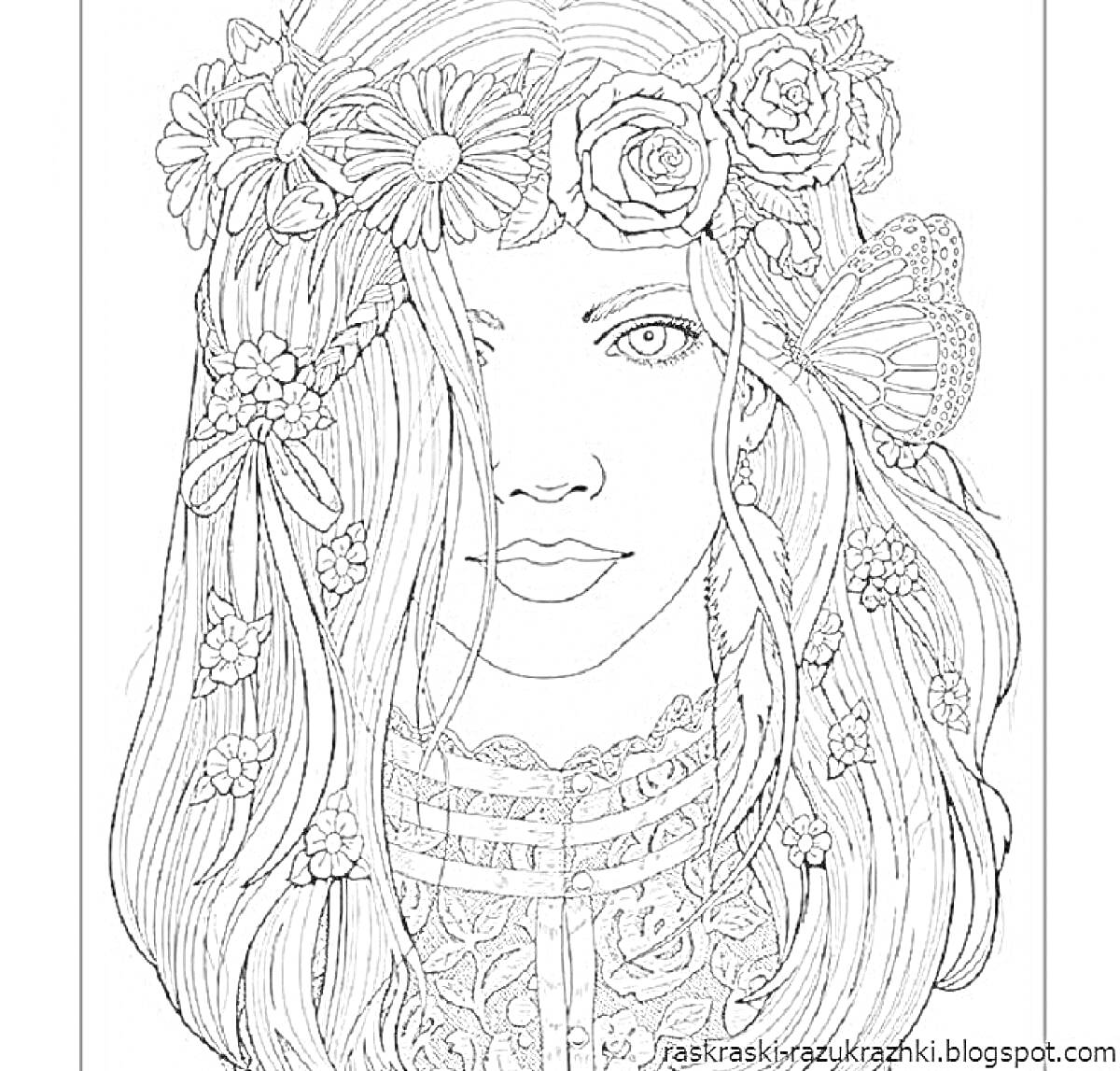 Раскраска Портрет девушки с длинными волосами, украшенными цветами и бабочкой в волосах, в обруче из цветов и в кружевной одежде
