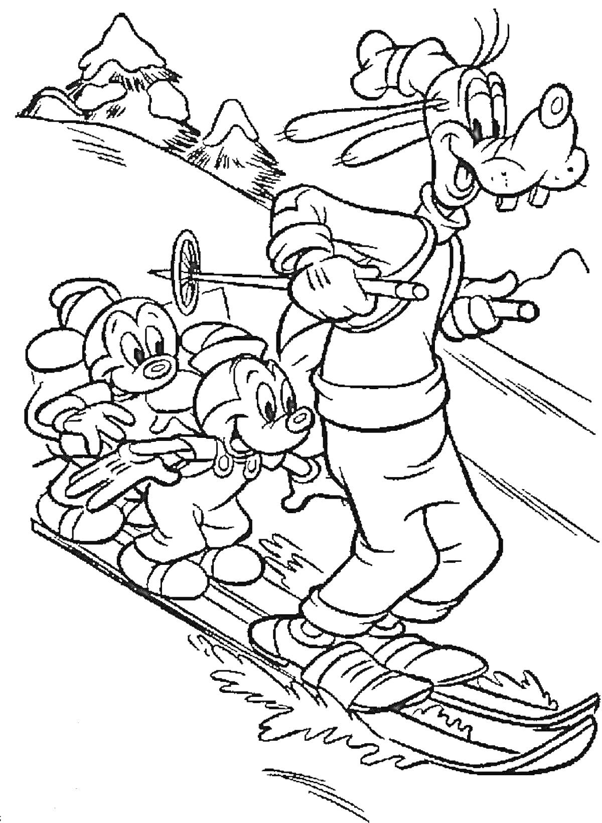 Раскраска Гуфи и его друзья катаются на лыжах