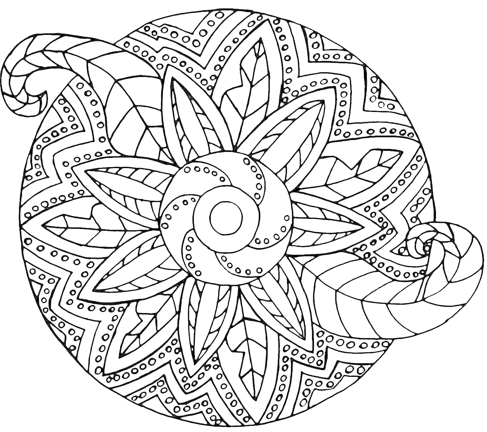 Раскраска Мандала с цветком, спиралью, листьями и геометрическими узорами