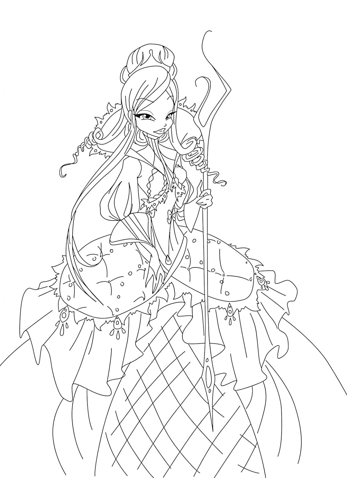 Раскраска Винкс принцесса с длинными волнистыми волосами в короне и длинном платье, держащая жезл