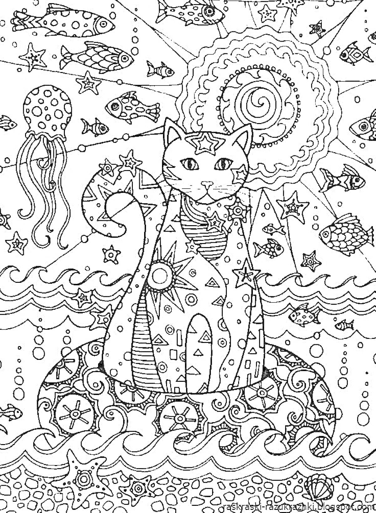 Раскраска Кошка на камне среди морских существ и звезд под солнечными лучами
