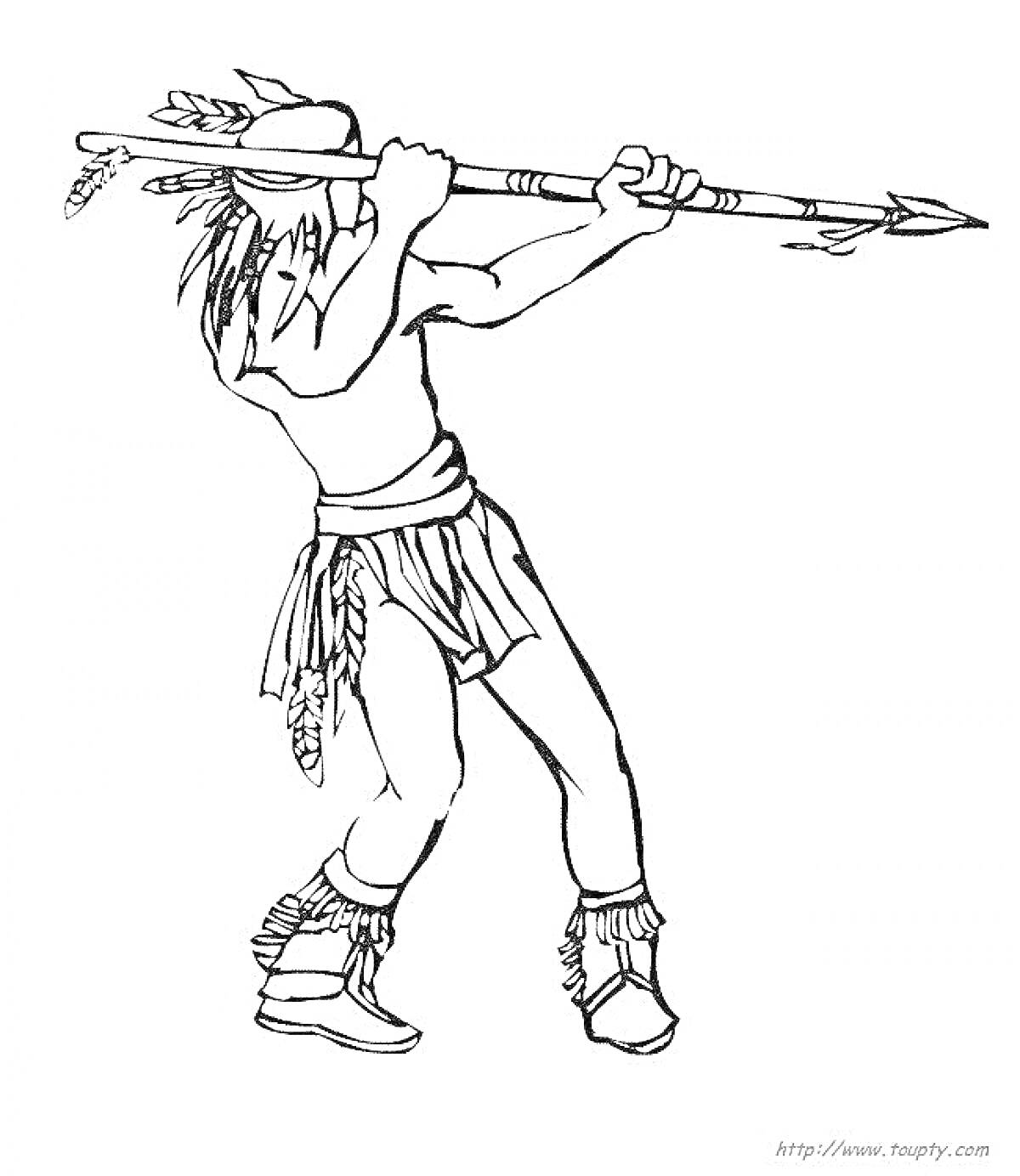 На раскраске изображено: Индейцы, Воин, Боевая поза, Традиционная одежда, Перья, Оружие