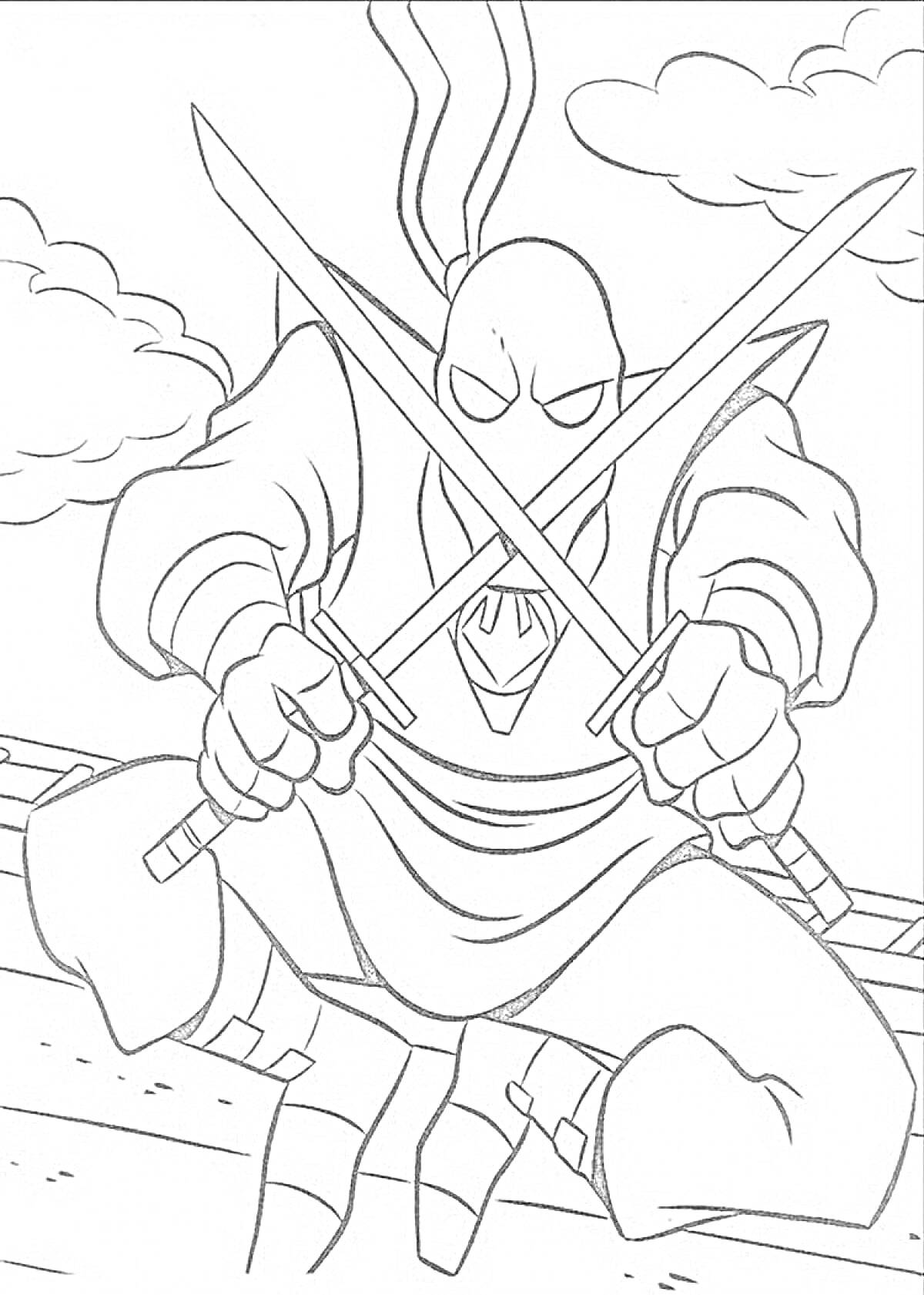 На раскраске изображено: Ниндзя, Два меча, Облака, Воин, Маска, Дуэль