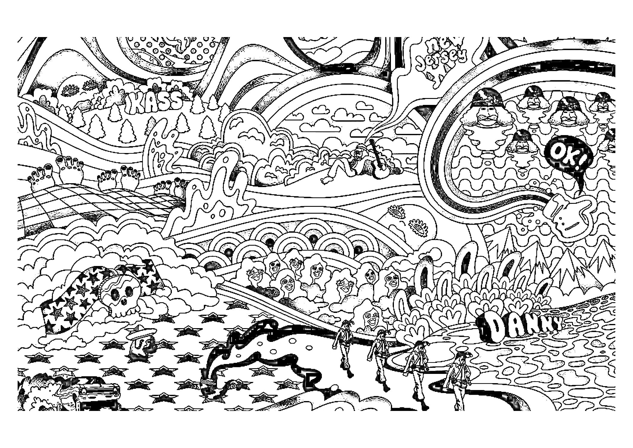 Раскраска Психоделический пейзаж с абстрактными фигурами, персонажами, надписями 