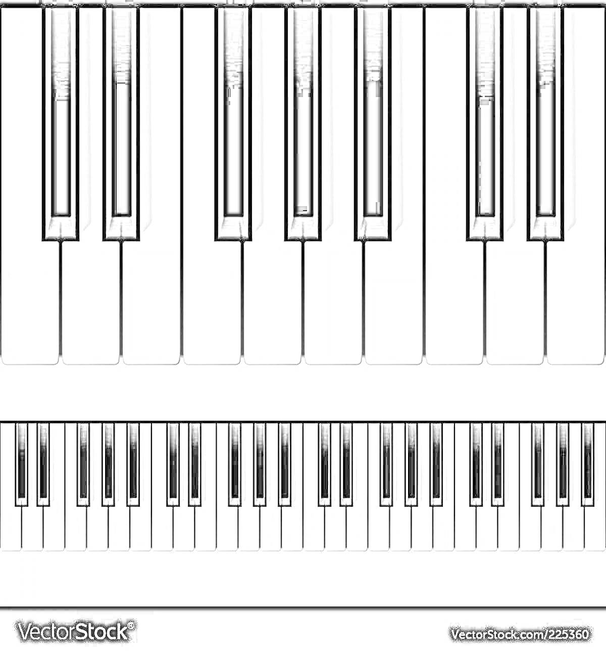 Раскраска Клавиши пианино крупным планом и полная клавиатура