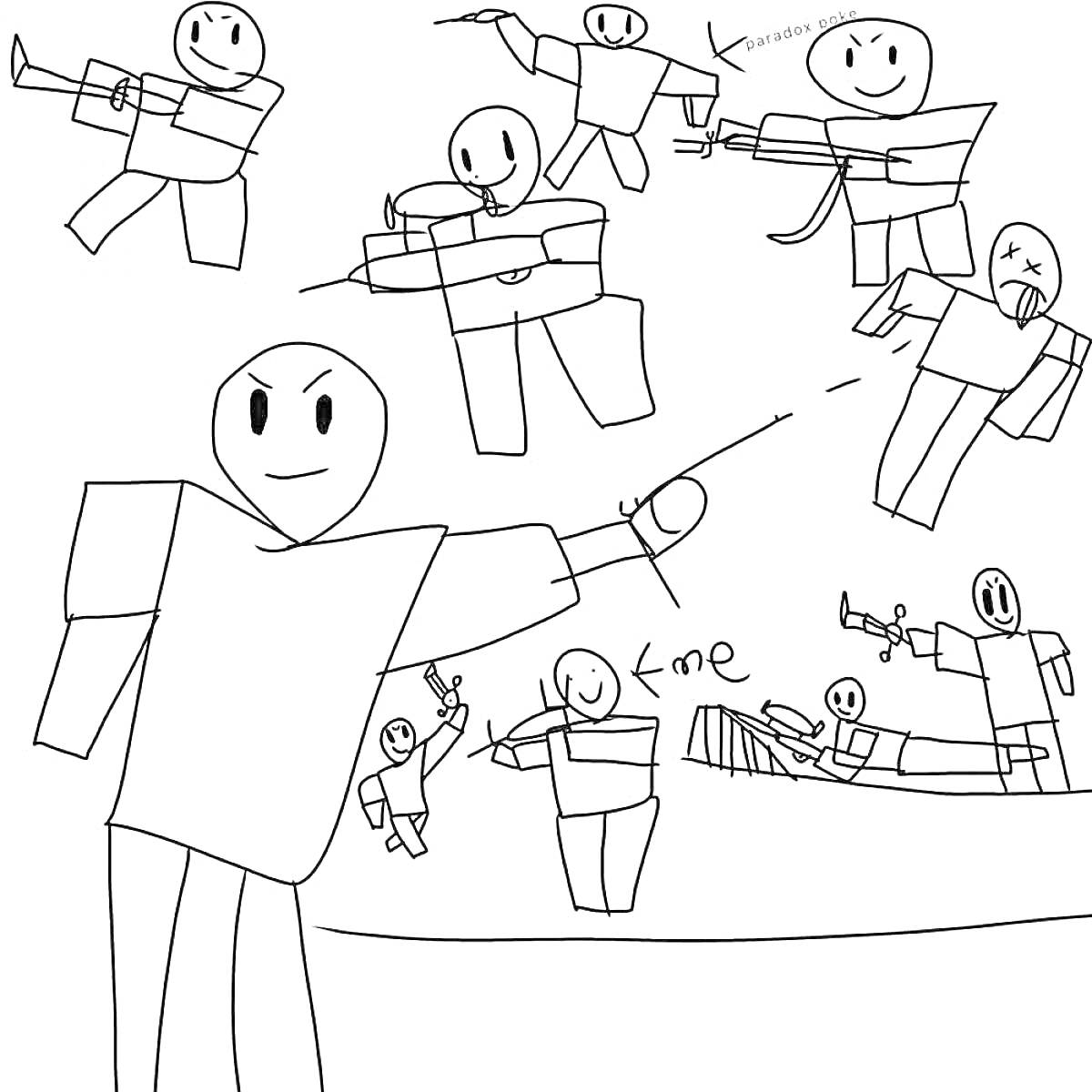 Раскраска Roblox персонажи с оружием, держащие разное оружие, стреляющие и стоящие в боевых позах
