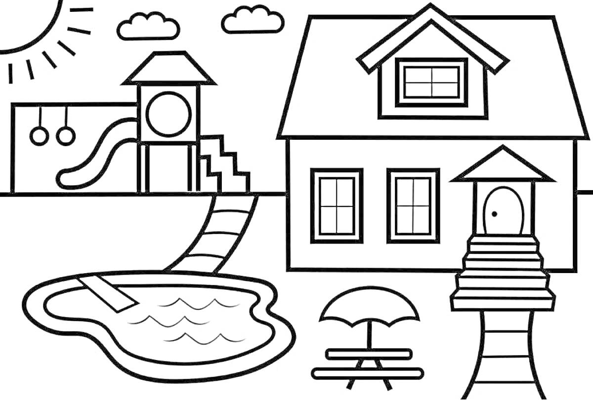 Раскраска Дом с площадкой, бассейном и садовой мебелью
