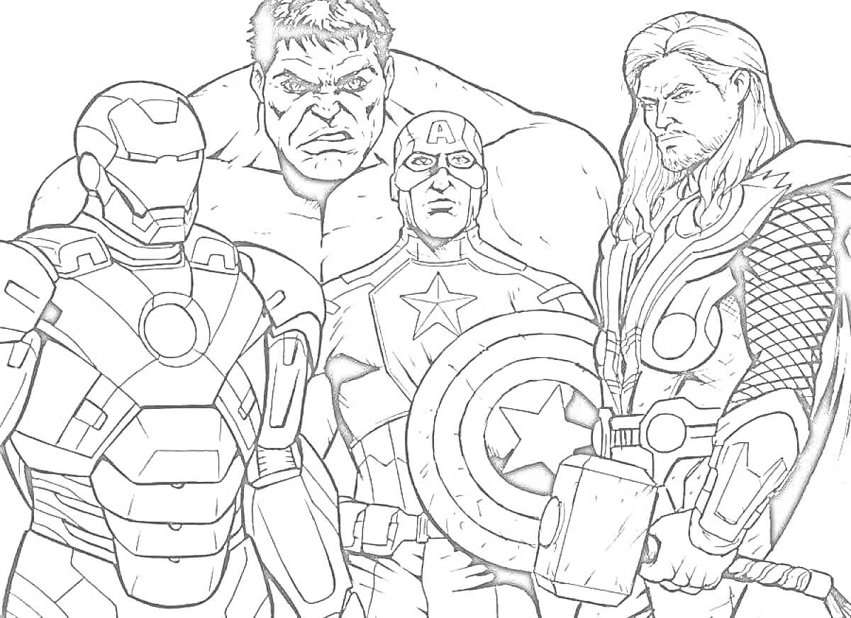 На раскраске изображено: Железный человек, Халк, Капитан америка, Тор, Комиксы, Мстители, Супергерои