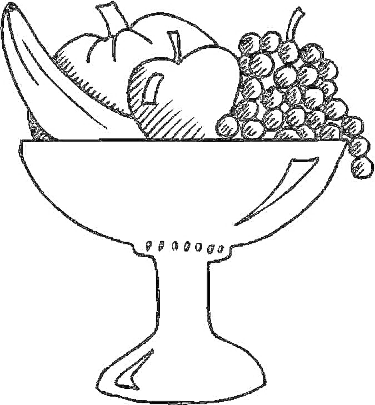 Раскраска Ваза с бананом, яблоками и виноградом