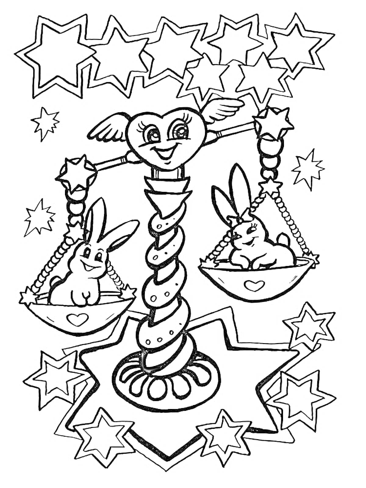 Раскраска Знак зодиака Весы с кроликами на чашах весов, окруженные звездами