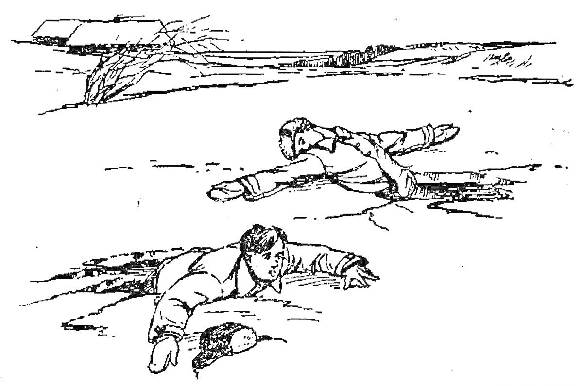 Раскраска Два человека, провалившиеся под лед на замерзшем водоеме, дом и дерево на заднем плане