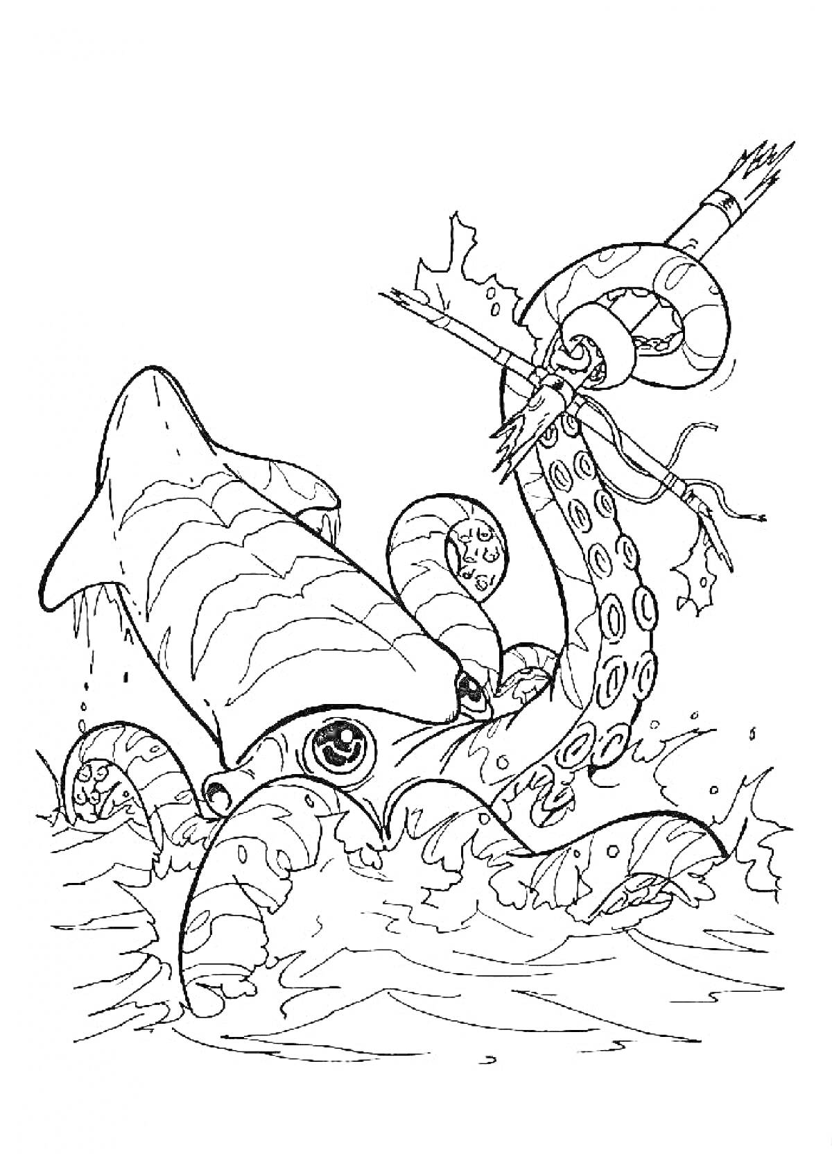 Раскраска Осьминог, держащий карандаш в щупальце, плещущийся в воде