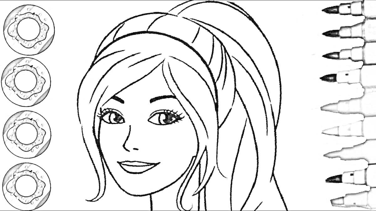 Раскраска Портрет девушки с повязкой на голове и макияжем, цветные круги, цветные маркеры