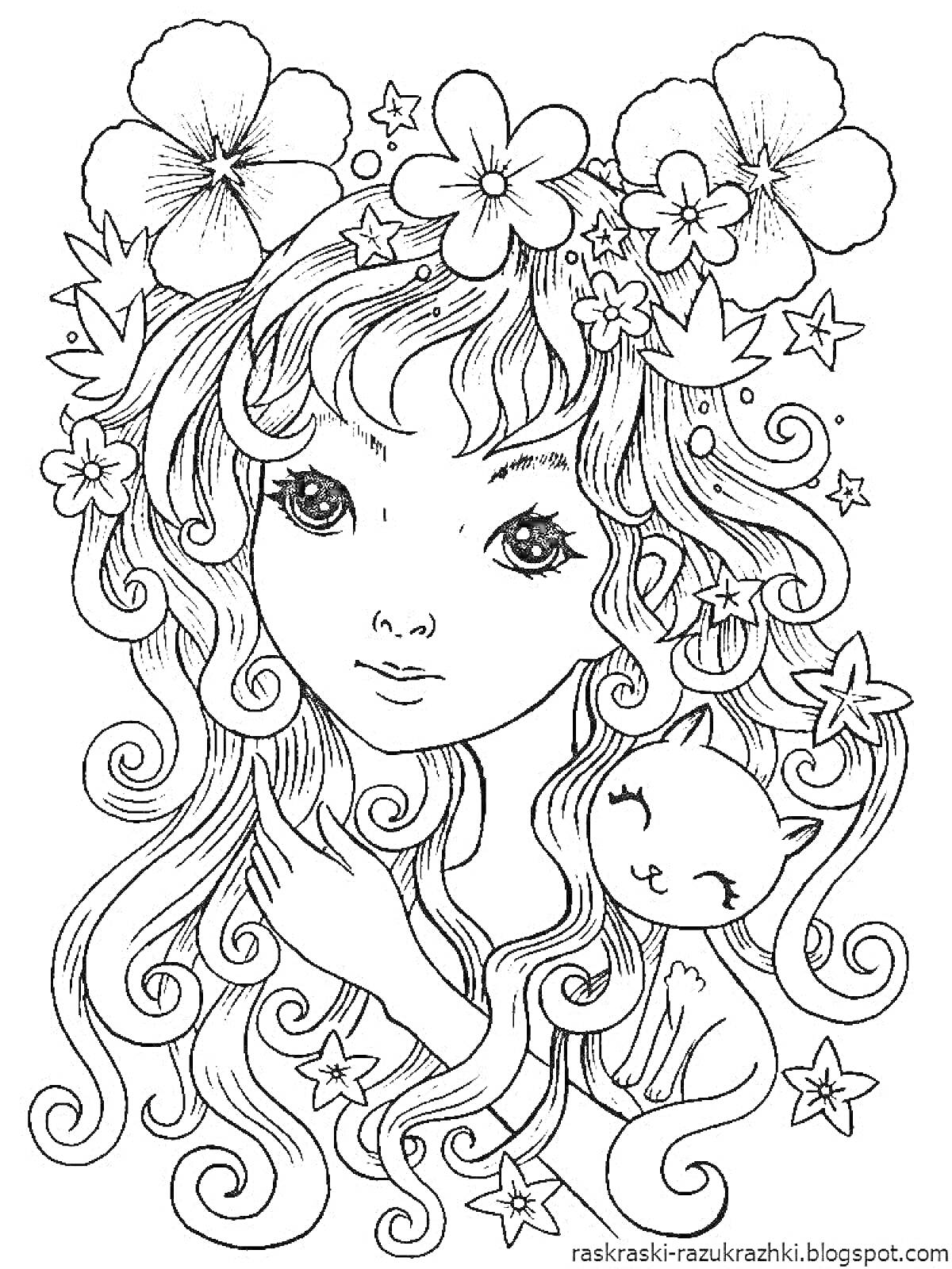 Раскраска Девушка с длинными волнистыми волосами, украшенными цветами и звездами, и котенок