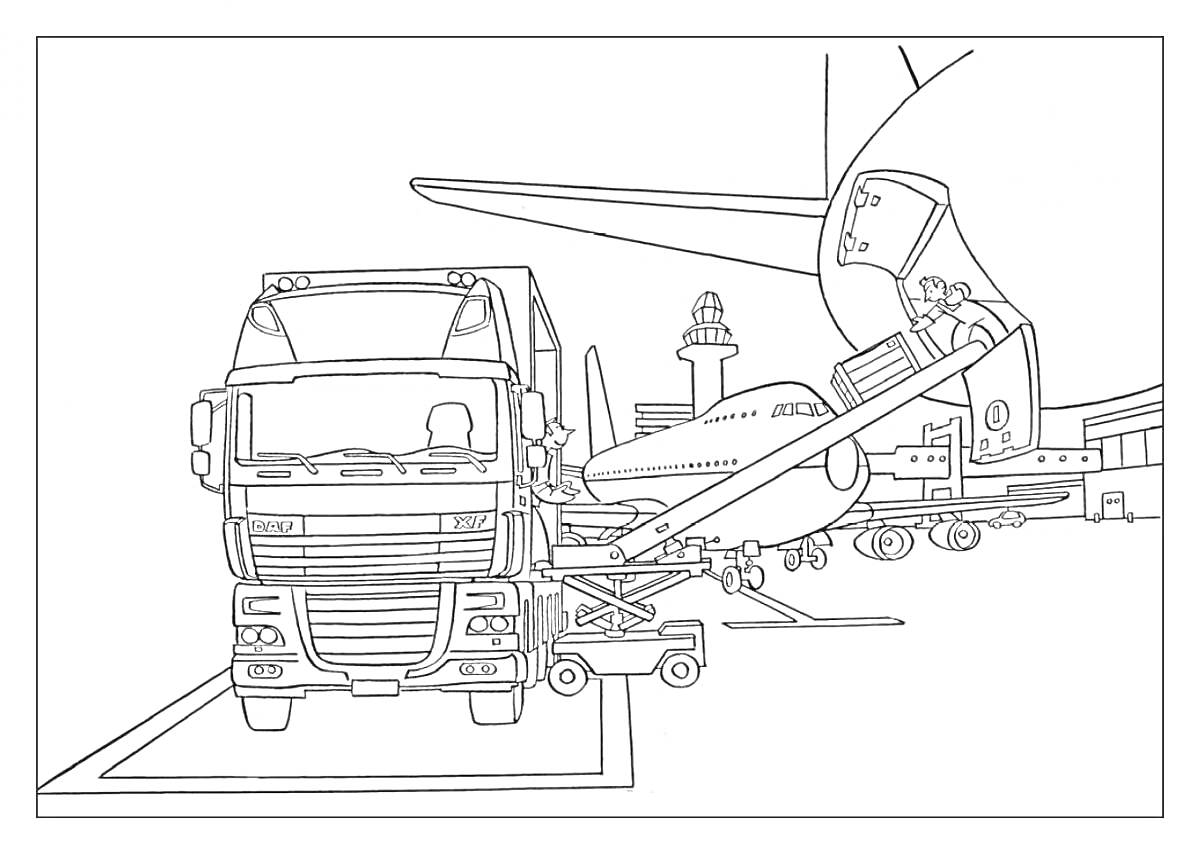 Раскраска грузовой автовоз на фоне аэропорта с самолетом и служебной техникой